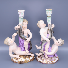 Старинные подсвечники Путти и рыбы фарфор Майсен Meissen