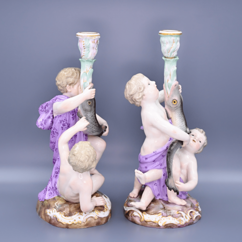 Старинные подсвечники Путти и рыбы фарфор Майсен Meissen