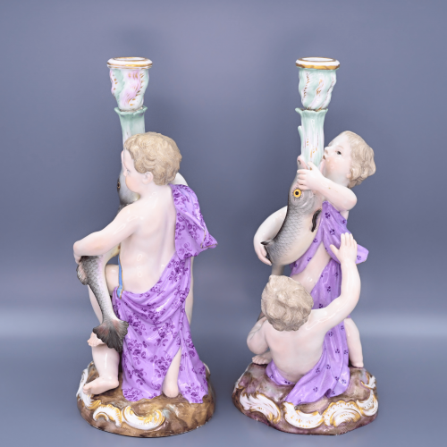 Старинные подсвечники Путти и рыбы фарфор Майсен Meissen