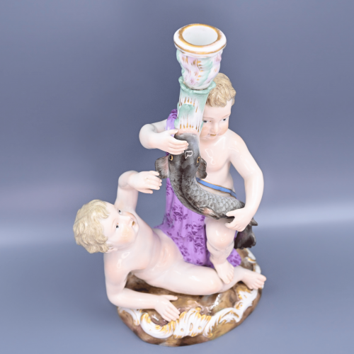 Старинные подсвечники Путти и рыбы фарфор Майсен Meissen