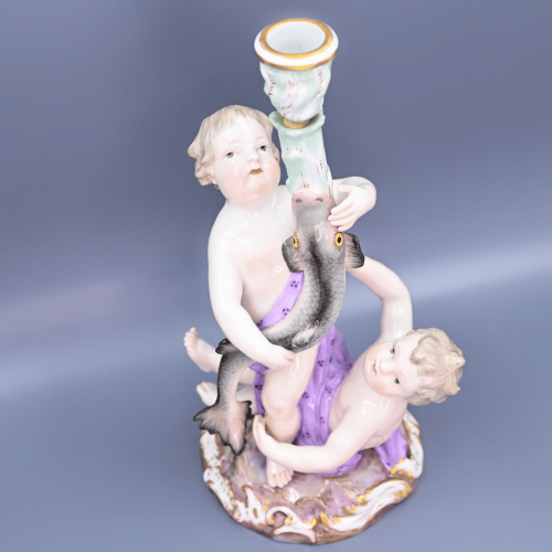 Старинные подсвечники Путти и рыбы фарфор Майсен Meissen