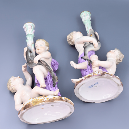 Старинные подсвечники Путти и рыбы фарфор Майсен Meissen